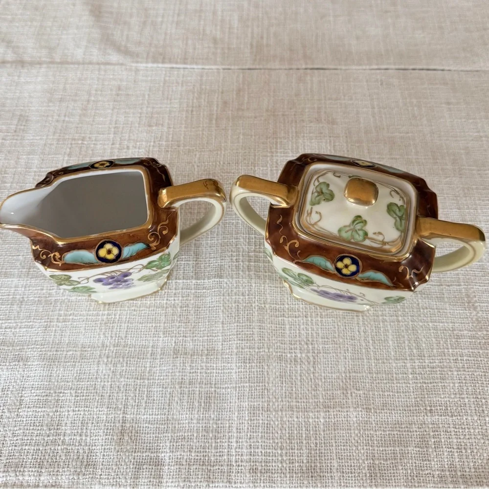 Antique Noritake Hand-Painted Grape Creamer and Sugar Bowl w/Top Set,  apan